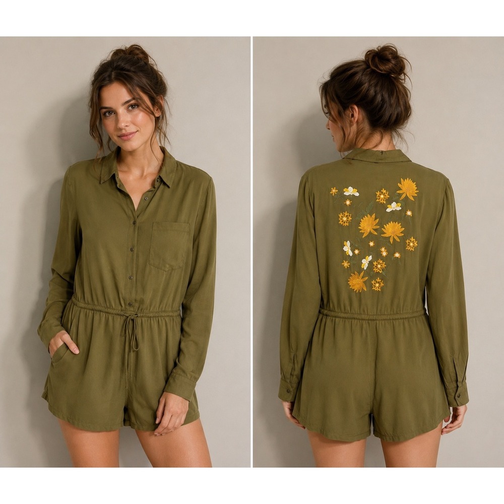 Lunik Olive Embroidered Floral Romper‎ Size M NWT Boho Utility Casual Outfit